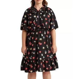 NWT Lauren Ralph Lauren Plus Size Floral Crepe Tie Neck Dress, Black, Womens 22W